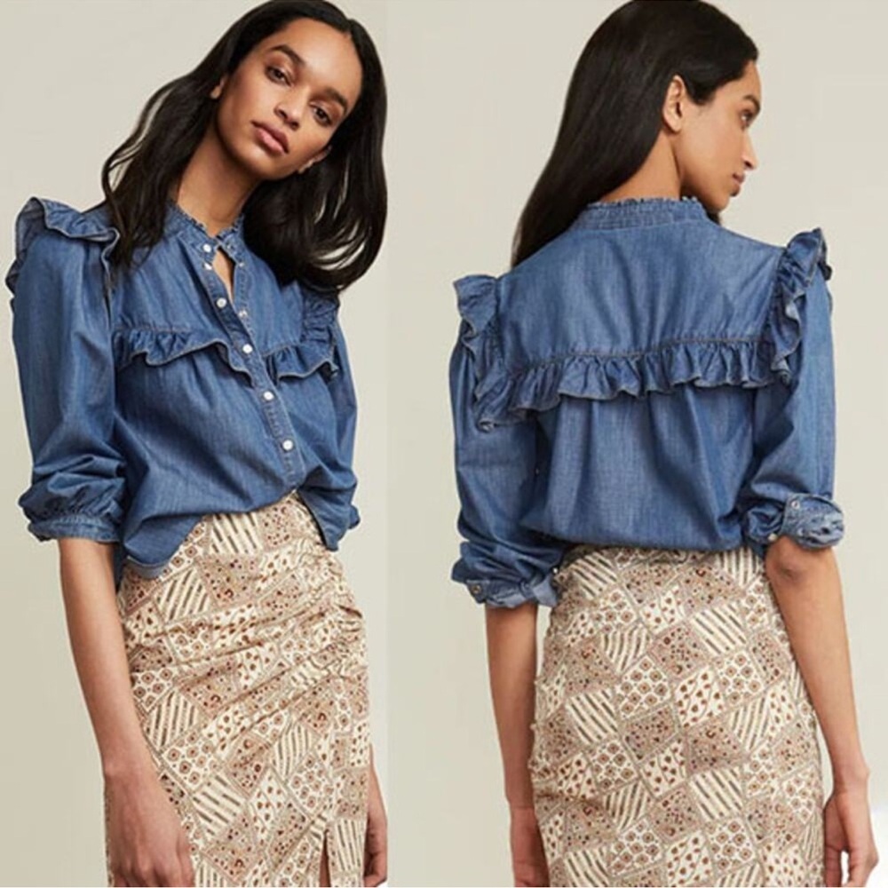 Veronica Beard Tes Ruffle Chambray Button Up Shirt Indigo Size 10 Medium